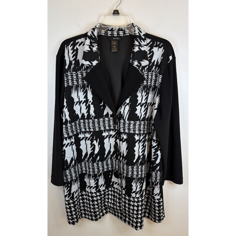 ALI MILES Black White Abstract Houndstooth LS Knit Cardigan Jacket XL Button